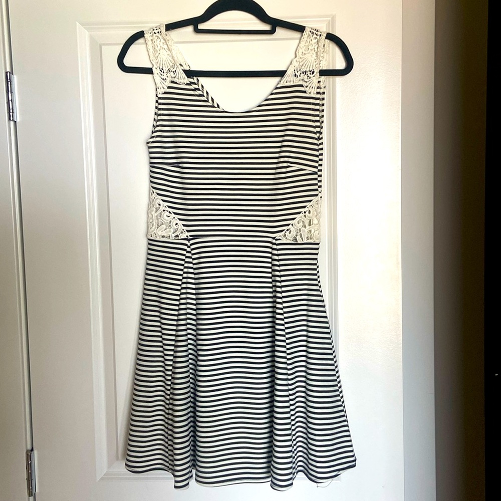 Black & white striped dress with lace cut out detail